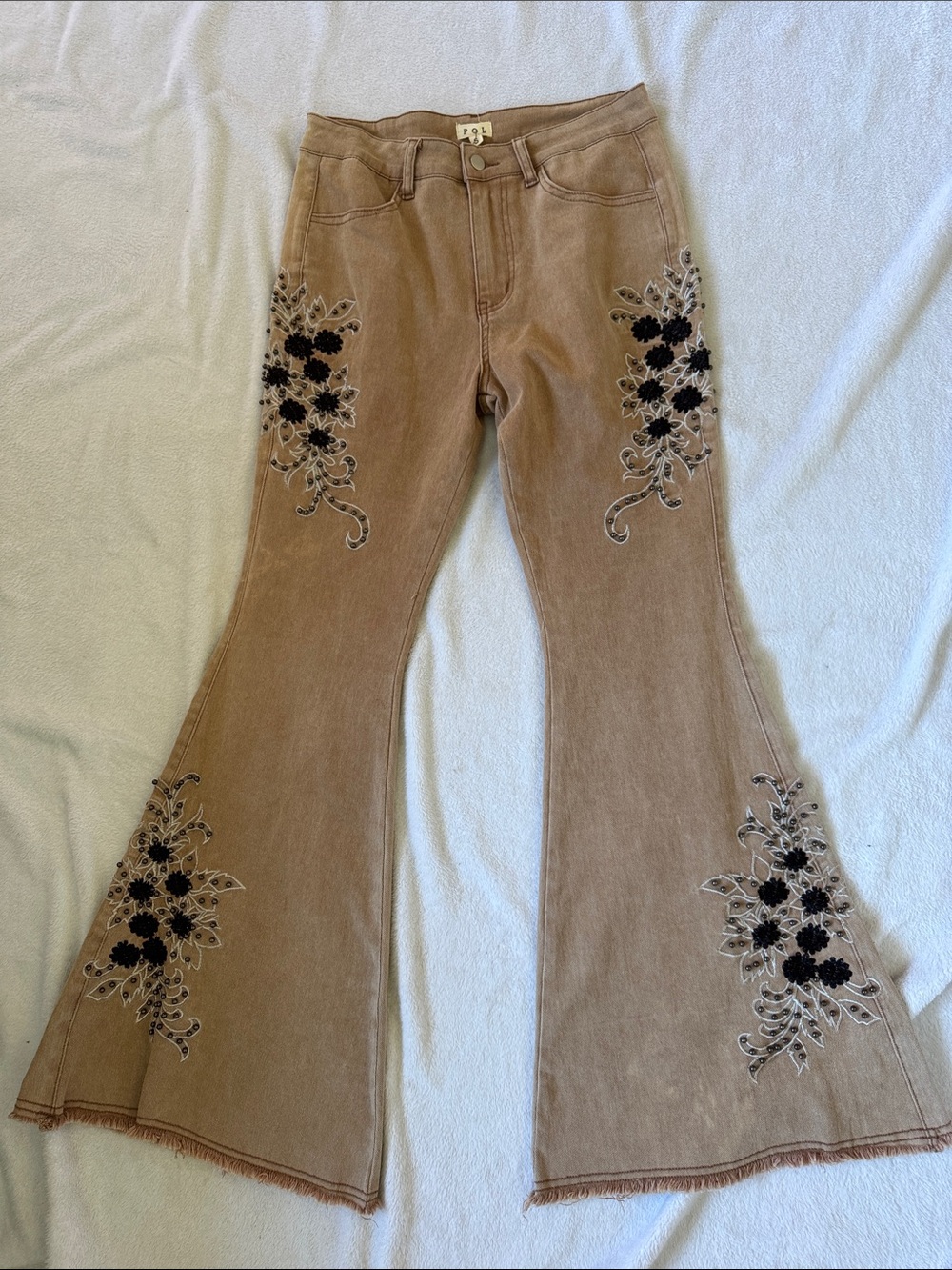 POL Stylish Light Brown Flare Jeans with Black & White Floral Embroidery/Studs